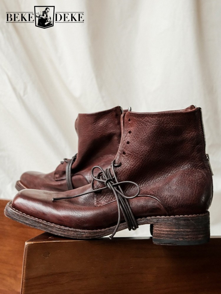 Men'S Shoes Increase Height - รองเท้าบูทหนังแท้ทรงสี่เหลี่ยมหัวตัด สไตล์เรโทร สำหรับผู้ชาย มีซิป เพิ่มความสูง สีพื้น