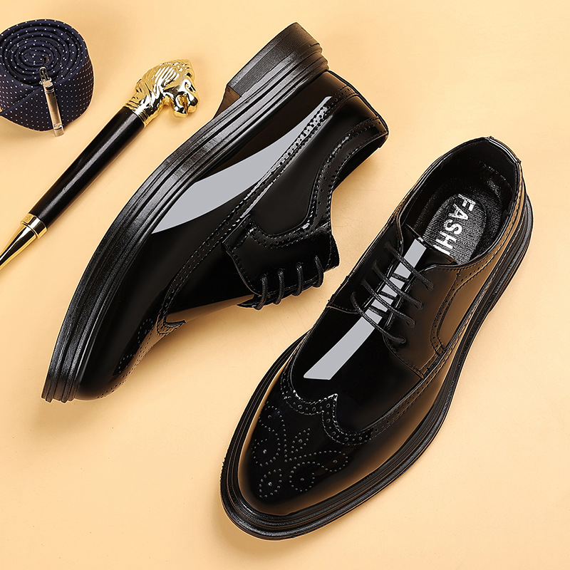 Men Shoes Oxford - รองเท้าหนังแก้วผู้ชายแบบ Brogue ผูกเชือก ทรง Oxford พื้นหนา