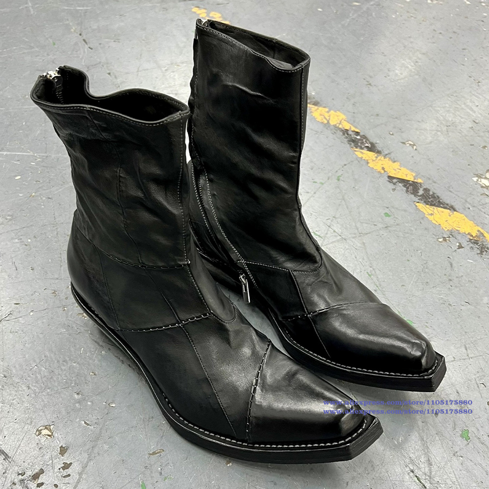 Men'S Shoes Zipper - รองเท้าบูทหนังสีดำสำหรับผู้ชาย หัวแหลม แบบมีซิป รองเท้าบูทเชลซีข้อเท้า รองเท้าบูทดีไซน์หรูหรา รองเท้าบูทสไตล์อัศวิน