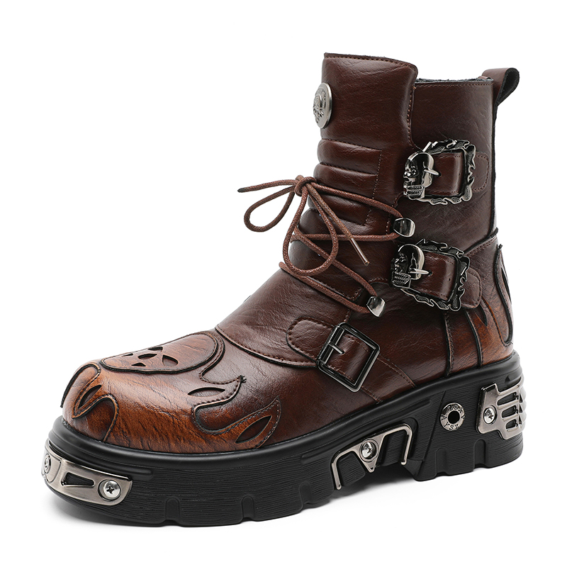 Men'S Shoes Increase Height - รองเท้าบูทมอเตอร์ไซค์สไตล์พังก์เรโทรเท่ห์ลายหัวกะโหลกและเปลวไฟ สำหรับผู้ชาย พื้นหนา เพิ่มความสูง