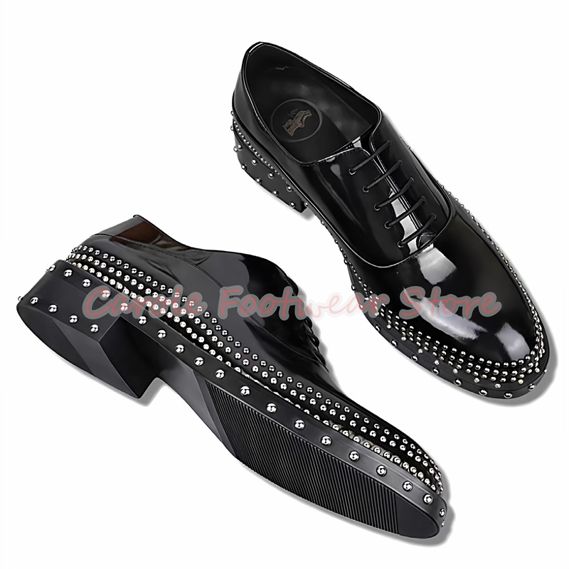 Men Shoes Oxford - รองเท้าอ็อกซ์ฟอร์ดแบบผูกเชือก ส้นหนา สไตล์พังก์ ประดับหมุด สำหรับผู้ชาย ทำด้วยมือจากหนังแท้