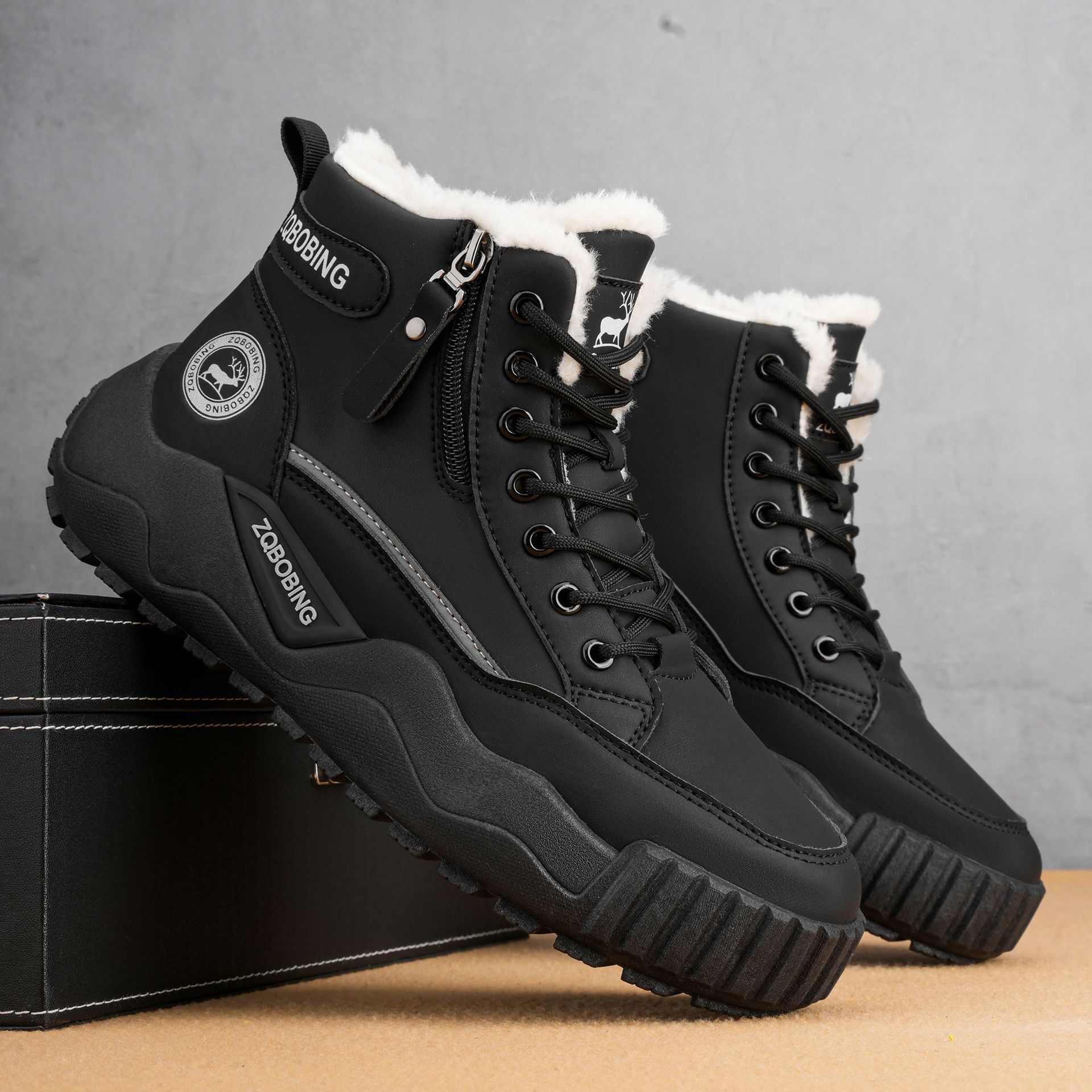 Men'S Shoes Zipper - รองเท้าบูทผู้ชายสำหรับฤดูหนาว หุ้มข้อสูง บุด้วยผ้าพลัช ให้ความอบอุ่น ใช้งานได้หลากหลาย รองเท้าบูทหิมะกลางแจ้งบุด้วยผ้าฝ้ายหนา