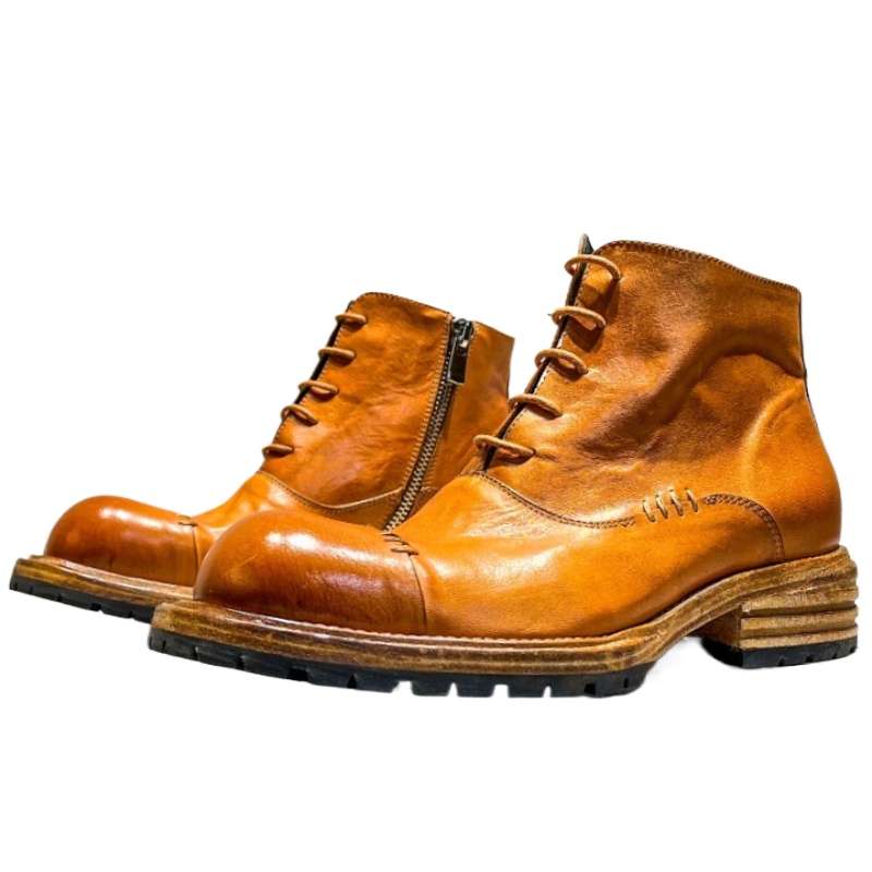 Men'S Shoes Zipper - รองเท้าบูทหุ้มข้อสูงสไตล์ชนเผ่า หนังม้าฟอก ระบายอากาศได้ดี หนังแท้เย็บมือแบบกู๊ดเยียร์ ซิปด้านข้าง รองเท้าบูทแบบมีลวดลาย