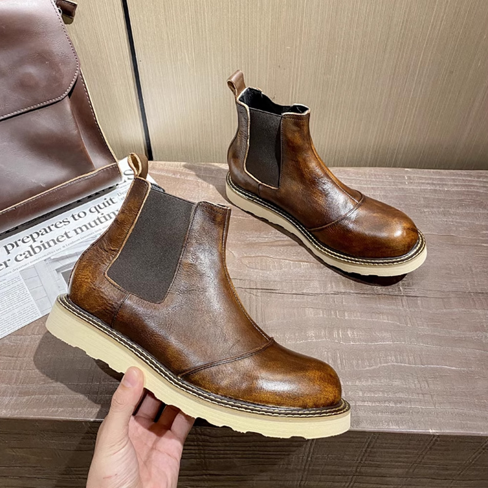 Men Shoes Oxford - รองเท้าบูทเชลซีหนังแท้สไตล์เรโทรสำหรับผู้ชาย รองเท้าหนังหุ้มข้อสูง รองเท้าบูททำงานแบบตะวันตกพื้นหนา รองเท้าอ็อกซ์ฟอร์ดแบบยืดหยุ่น