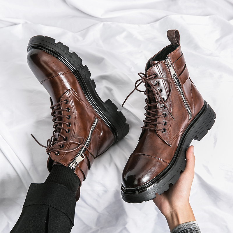 Men Shoes Oxford - รองเท้าบูทผู้ชายแบรนด์เนม ดีไซน์เรียบง่าย สไตล์ลำลอง มีเชือกผูกและซิป รองเท้าทรงอ็อกซ์ฟอร์ดหุ้มข้อสูง เหมาะสำหรับใส่เดินทางและทำกิจกรรมกลางแจ้ง