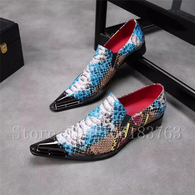 Men Shoes Oxford - รองเท้าผู้ชายลายงูหลากสี ดีไซน์หรูหรา หัวแหลมโลหะ สวมแบบสลิปออน รองเท้าอ็อกซ์ฟอร์ด รองเท้าลำลองสำหรับงานปาร์ตี้