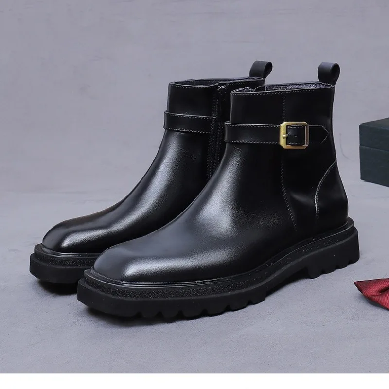 Men Shoes Oxford - รองเท้าบูทแบบอ็อกซ์ฟอร์ดข้อเท้าผู้ชายสไตล์เรโทร หนังแท้คุณภาพสูง ทำมือ สวมใส่สบาย หัวเหลี่ยม สไตล์อังกฤษ