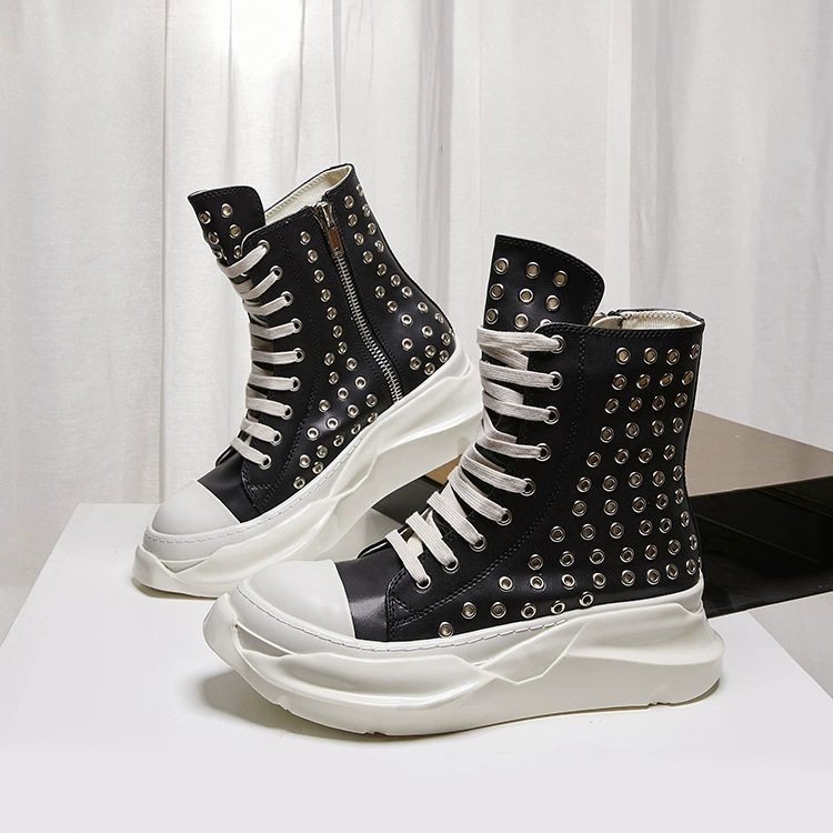 Men'S Shoes Zipper - รองเท้าผู้ชายสไตล์วินเทจ รองเท้าบูทหุ้มข้อสูง หนังแท้ ประดับหมุด รองเท้าผ้าใบหรูหรา รองเท้าลำลองแบบสวมซิป